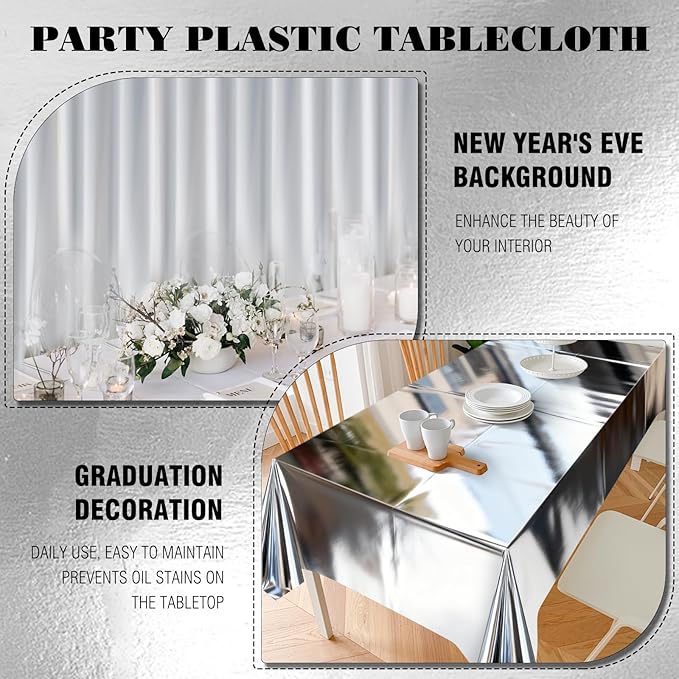 mwellewm 3Pcs Silver Tablecloth 54 * 72 inch Plastic Shiny Disco Table Cloth Disposable Foil Table Cover for Birthday New Year Decorations Wedding Christmas Anniversary Dinner Grad Party Supplies