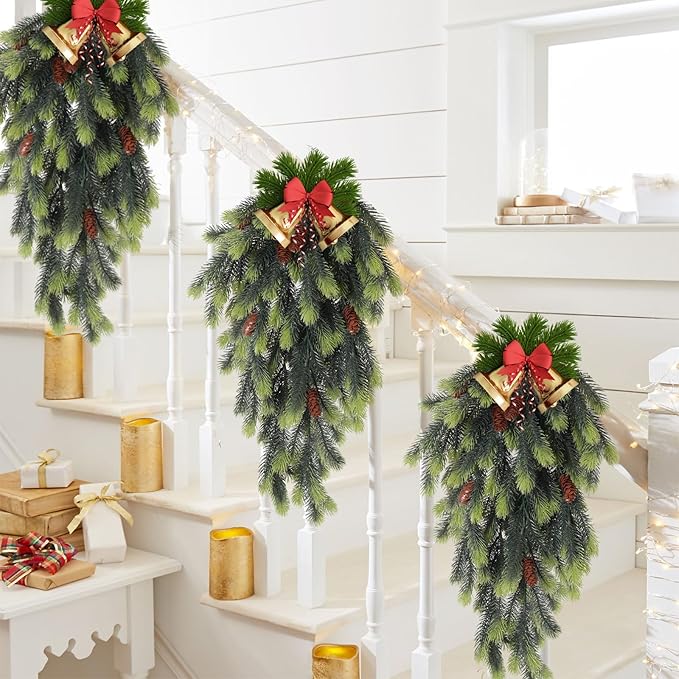 RECUTMS Artificial Christmas Teardrop Artificial Pine Branches with Pine Cones Green Plants Pines Needles Fake Hanging Plants Outdoors DIY Accessories for Christmas Home Garden Decor(Light Green)