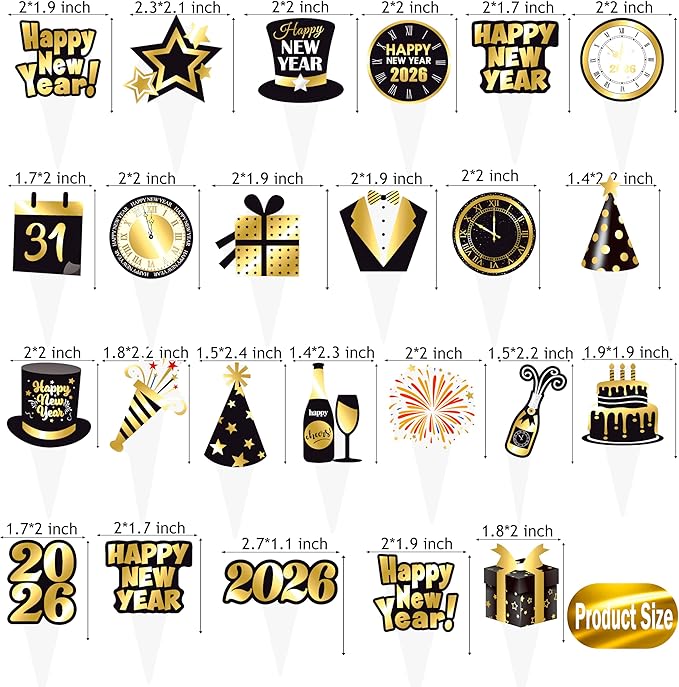 48Pcs New Years Eve Party Cupcake Toppers Happy New Year Countdown Clock Theme Cupcake Toppers for Hello 2026 Party Decorations Midnight Countdown Events Supplies