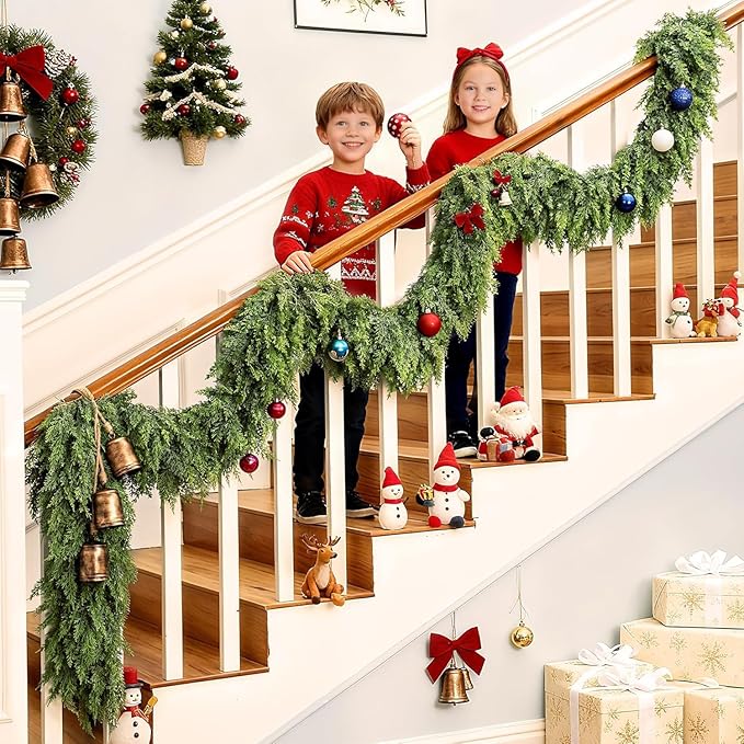 6FT Real Touch Cedar Garland - Artificial Christmas Garlands Faux Green Cedar Fake Pine Needles Garland for Fireplace Table Stair Mantle Window Indoor Outdoor Home Holiday Winter Christmas Decorations