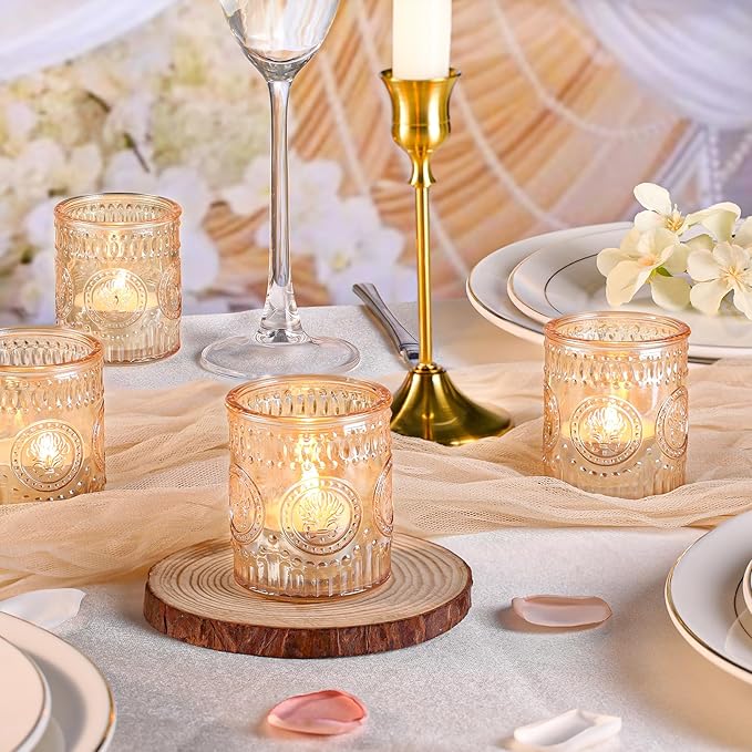 12 Pcs Gold Votive Candle Holders, Glass Candle Holders Embossed Tea Light Candle Holder for Wedding Table Centerpiece, Home Decor, Birdal Shower, Party