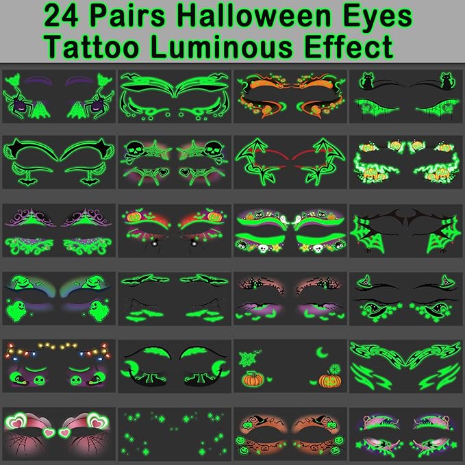 24 Pairs Halloween Luminous Eye Shadow Temporary Tattoos, Eyeliner Tattoo Stickers Spider Web Bat Pattern, Glow in the Dark Eyeliner Fake Tattoos for Women Men Eye Makeup Halloween Party Supplies