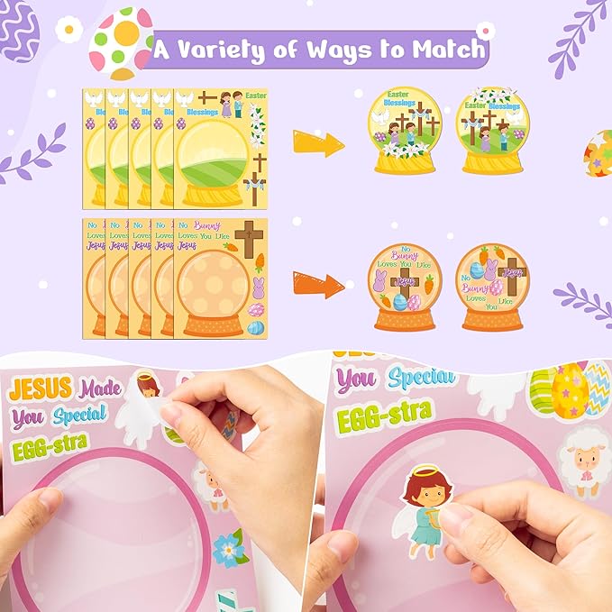 CY2SIDE Easter Face Sticker Sheets - 40PCS Make Your Own Jesus Faith Crystal Ball Craft Game for Kids Classroom Rewards DIY Religious Resurrection Bible Cross Party Favors for Sunday School Project