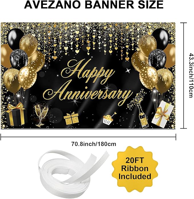 Avezano Happy Anniversary Banner Decorations for Wedding, Bridal Shower, Party - 70.8 x 43.3 Inch (Black and Gold)