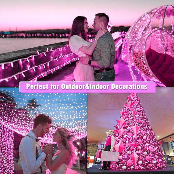 200 LED Pink String Lights, 66ft Pink Christmas Lights Outdoor Waterproof 8 Modes Clear Wire, Connectable Plug in Twinkle Fairy Lights for Bedroom Indoor Wedding Christmas Decorations