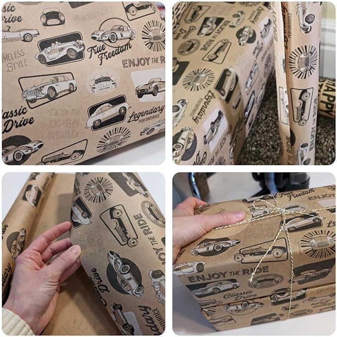 Ulmasinn Kraft Birthday Wrapping Paper Roll - 17 Inches X 33 Feet - for Boys Girls Kids Retro Classic Racing Sports Car Pattern Great for Birthday, Party, Anniversary