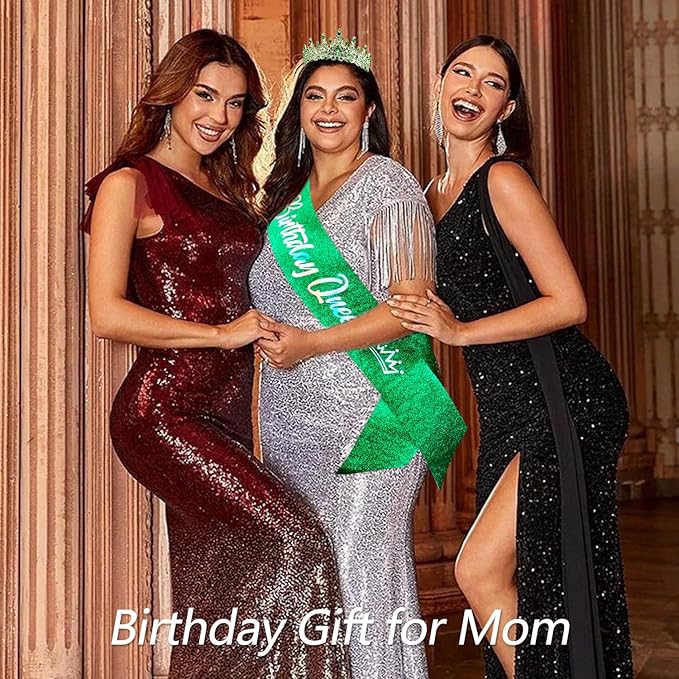VELSCRUN Birthday Queen Tiara Crowns for Women Girls Green Crystal Birthday Queen Headband Sash Elegant Princess Crown Happy Birth Party Decorations Mom Sisters Birth Gift Hair Accessories