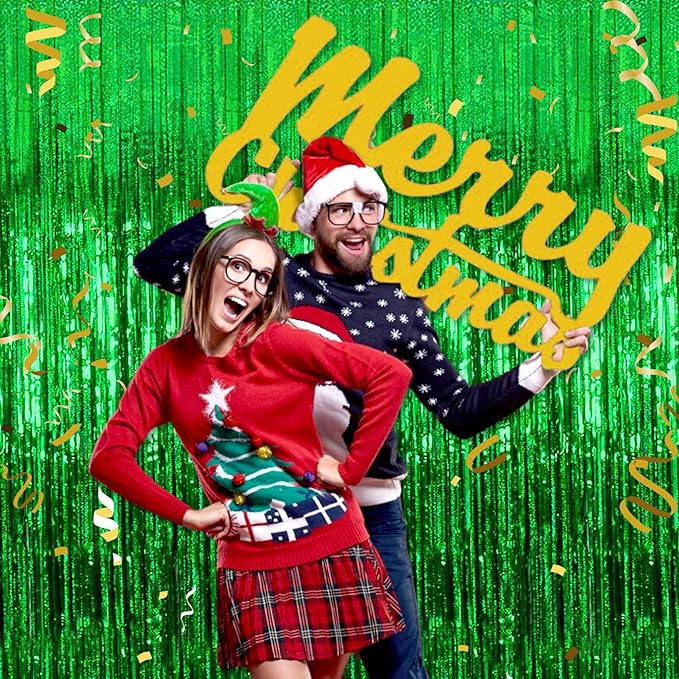 3 Pack Green Foil Fringe Curtains Backdrop, 3.28 x 8.2 Ft Metallic Streamers Tinsel Curtains Background for Photo Booth, Birthday, Christmas, Halloween, Thanksgiving, New Year Party Decorations