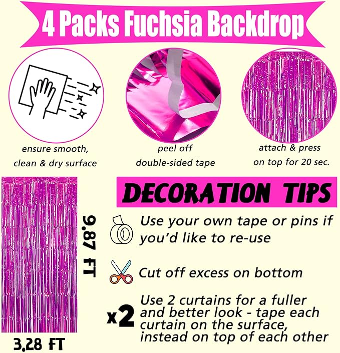 4 Pack Fuchsia Fringe Curtain Backdrop, 3.2Ft x 9.8Ft Metallic Tinsel Foil Fringe Streamers Background for Photo Booth Birthday Wedding Baby Shower Carnival Easter Mother’s Day Party Decorations