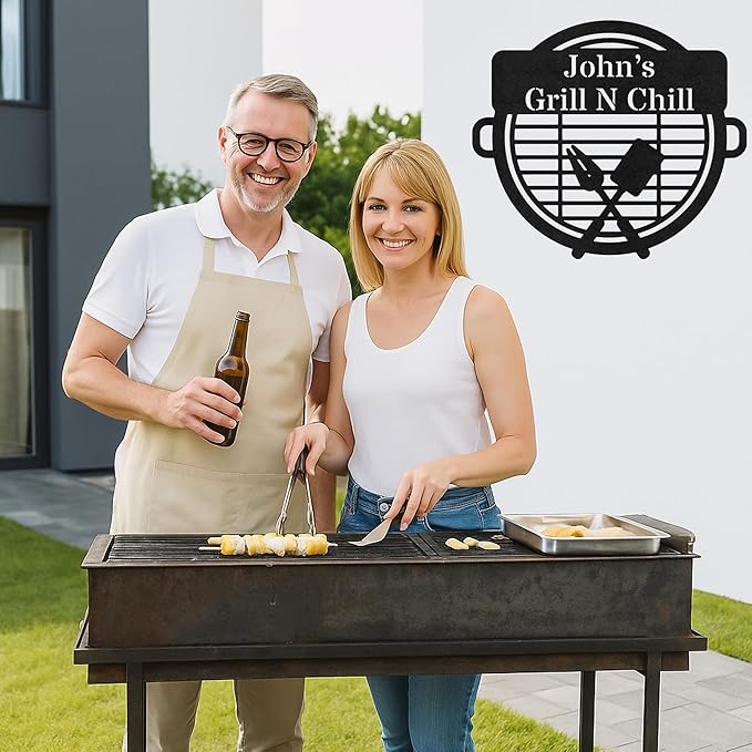 Custom BBQ Metal Sign Personalized Grill Name Wall Art for Outdoor Kitchen Patio Backyard Decor Fathers Gift for Dad Grandpa Husband Barbecue Smoker Area Sign, Grilling Lover Gifts 20