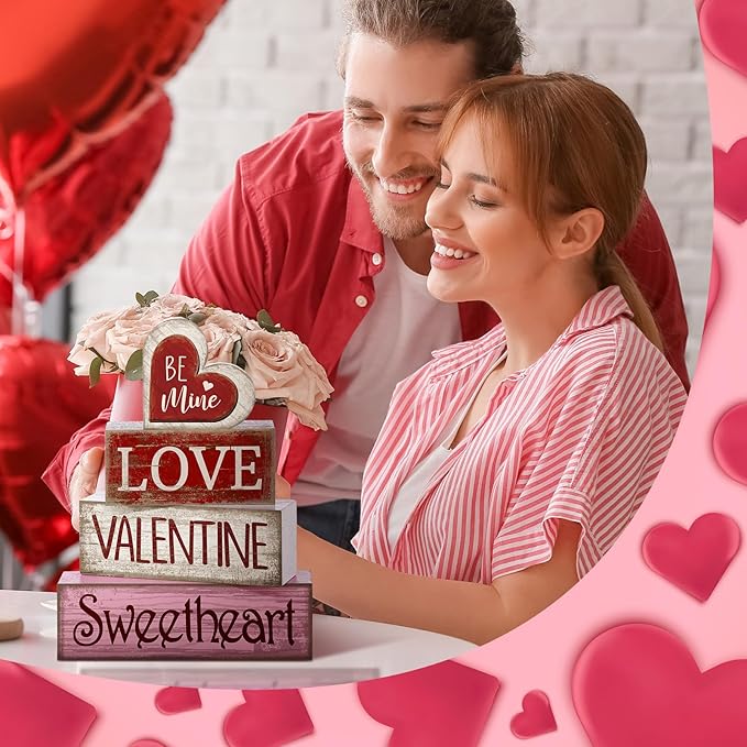 4 Pcs Valentine Table Decor Wooden Red Love Decoration, Valentine's Day Be Mine Centerpiece, Valentine Tiered Tray Decor Red Heart Block Signs Gift for Farmhouse Home Kitchen