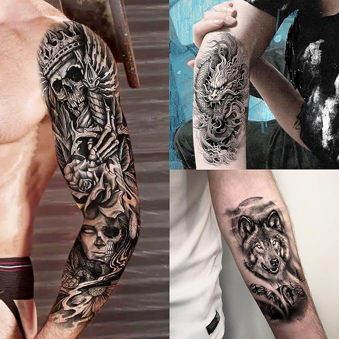 20 Sheets Cool Wolf Lion Tiger Full Arm Temporary Tattoos For Men Adults Thigh, Skull Nun Maori Flower Fake Sleeve Tattoo For Women, 3D Bulk Black Tribal Eye Halloween Clock Christ Tattoo Stickers