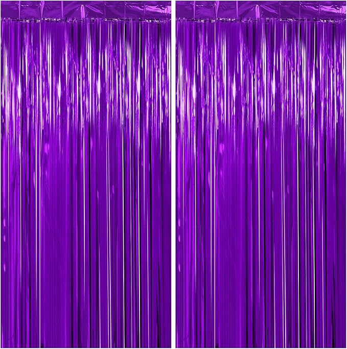 Purple Streamers Thicken 2 Pack 3.3 x 6.6 FT, Purple Tinsel Foil Fringe Curtains, Photo Booth Props Backdrops for Birthday, Halloween, Graduation Party Decorations
