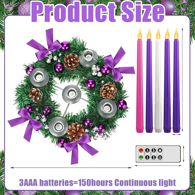 Tioncy 12 Inch Christmas Advent Wreath Candle Holder with 5 Flameless Candles Remote Control Wreaths Holder Centerpiece Decoration with Berries(Stylish,11 x 0.8 x 0.8 in)