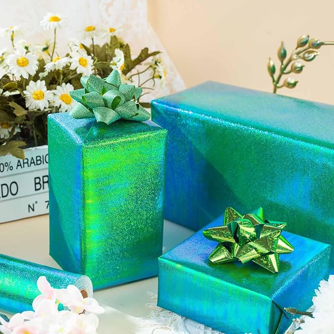 Yarcony Green Holographic Wrapping Paper - 17Inch X 32.8Feet - Shiny Green Iridescent Sparkle Wrapping Paper Luxury Embossed Gift Wrap for Birthday Wedding Bridal Shower Valentine's Day Mother's Day