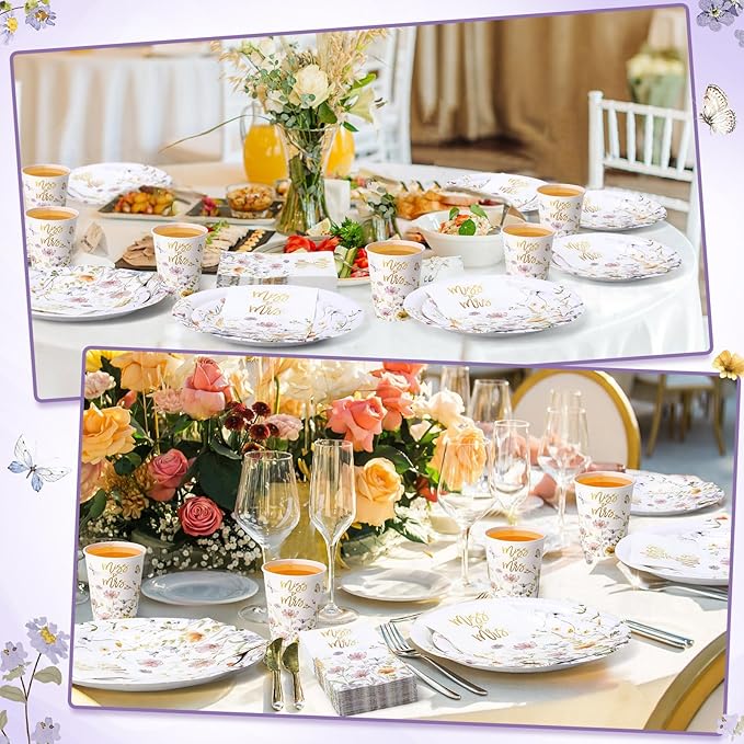 250 Pcs Miss to Mrs Wildflower Party Decorations Floral Wedding Paper Plates Napkins and Cups Disposable Tableware Set for Wedding Bridal Shower Engagement Party Supplies, Serves 50