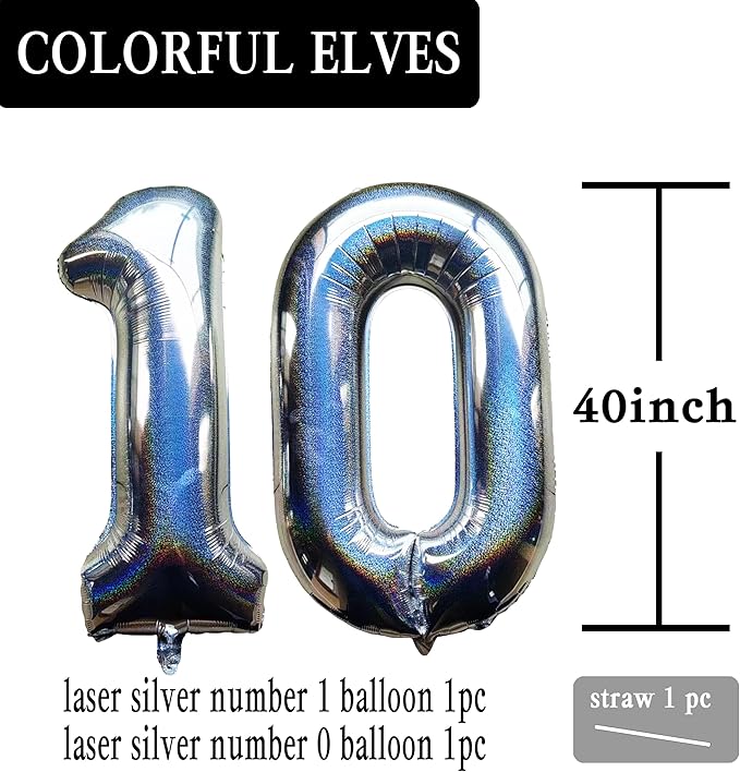 Laser Silver Number 10 Balloons 40 Inch Giant Number Silver 10 Foil Mylar Balloons for 10th Birthday Anniversary Events Party Decorations