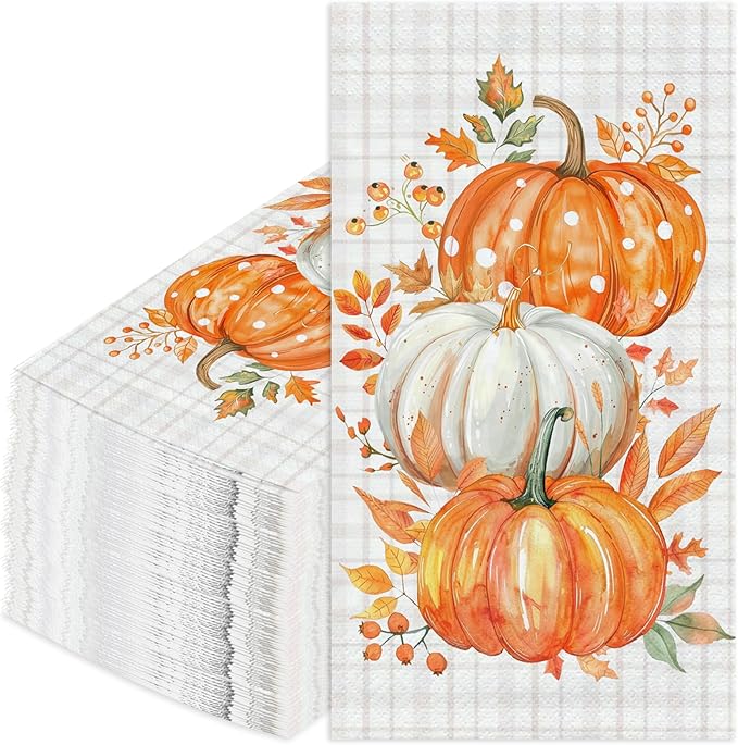 100 Pcs Fall Pumpkin Guest Napkins Thanksgiving Disposable Hand Towels for Bathroom Maple Leaf Orange Pumpkins Decorative Napkins for Autumn Harvest Thanksgiving Party