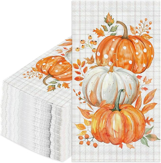 100 Pcs Fall Pumpkin Guest Napkins Thanksgiving Disposable Hand Towels for Bathroom Maple Leaf Orange Pumpkins Decorative Napkins for Autumn Harvest Thanksgiving Party