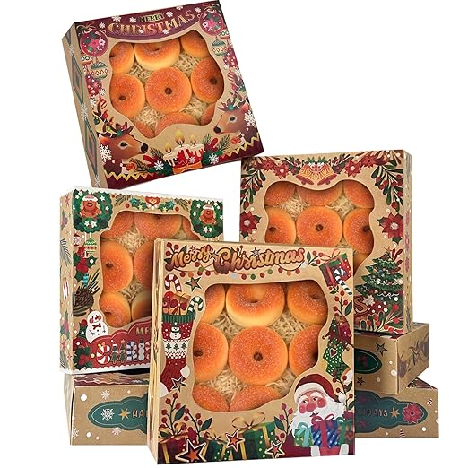 qiqee Christmas Kraft Cookie Boxes with Window 30packs 8x8x2.5 Inch Bakery Box Pastry Box for Christmas