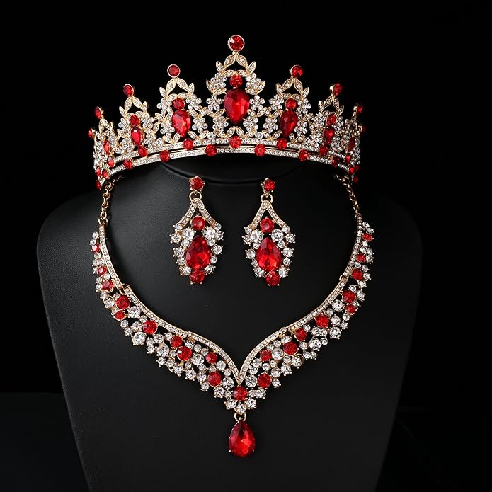 Tiaras and Crowns for Women,Tiaras Earrings Necklace, Crystal Bridal Jewelry Set (Red)