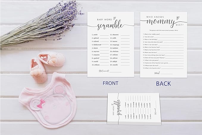 UHADRE Baby Shower Games - Word Scramble & Mommy Best Cards - Set of 30, Minimalist Double Sided Cards, Gender Reveal Game, Shower Activity Ideas-BBYX10