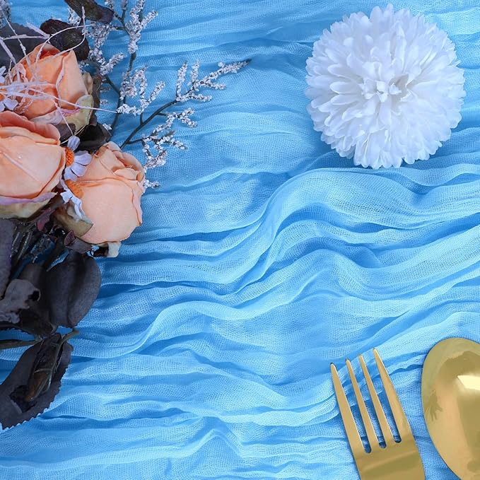 12 Pack Baby Blue Cheesecloth Table Runner 10FT Boho Gauze Fabric Table Runner 35 x 120 Inch Rustic Sheer Runner for Centerpiece Wedding Decor Party Boho Table Decoration（Baby Blue）