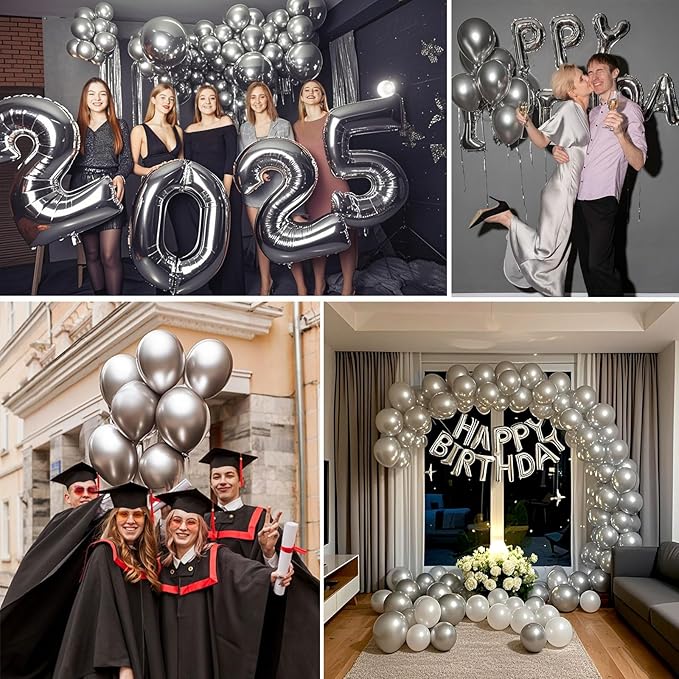 Metallic Silver Balloons 145 pcs Silver Decor Different Sizes of 18 12 10 5 Inch Chrome Balloons for Balloon Garland Arch as Wedding Graduation Anniversary Party Decorations