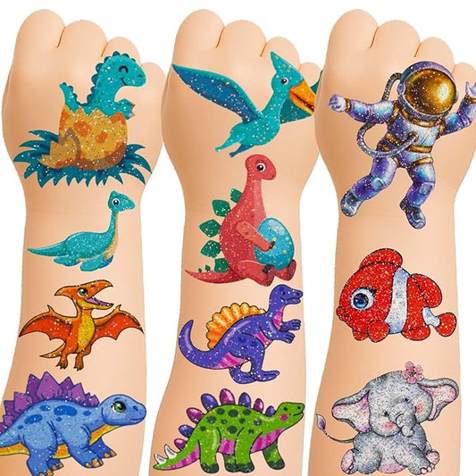 150+ Kids Glitter Temporary Tattoos for Boys – Individually Wrapped, Waterproof Tattoo Stickers – Mermaid, Dinosaur, Animal, Ocean, Space & More