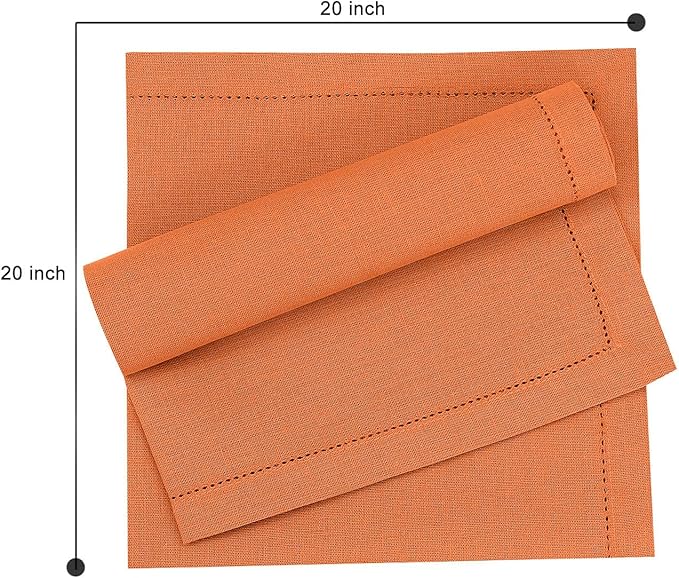 Ruvanti Premium Linen Napkins Set of 4-20x20 Inch, Classic Hemstitch, Mitered Corner Cloth Napkins ‎‎- Soft, Elegant Dinner Napkins Cloth Washable for Weddings, Parties, Everyday Use - Fall/Orange