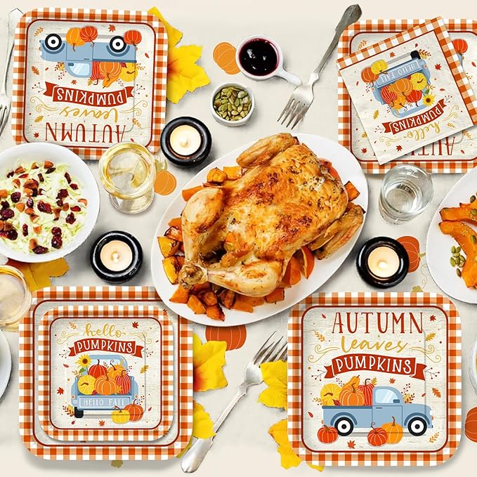 Fall Theme Party Supplies Kit, Serves 25: Complete Autumn Harvest Disposable Dinnerware Set - Includes Dinner & Plates, Napkins, Cups & Tablecloth. Thanksgiving/Autumn Party Decorations.