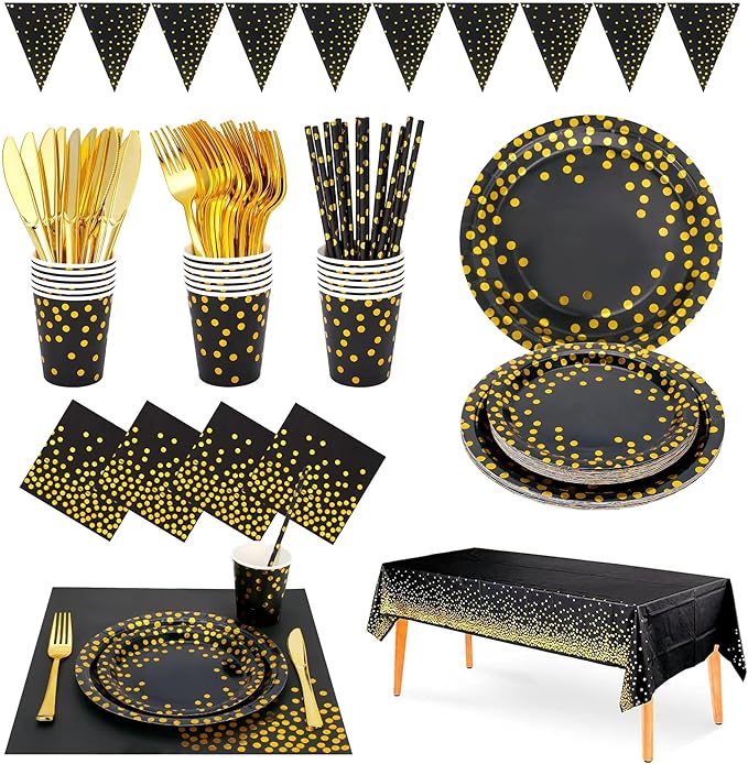 Sylken 186 Pieces Black and Gold Party Tableware Set - 25 Guests Paper Plates, Napkins,Paper Cups, and Tableware for Wedding Shower,graduations,cocktail parties,New Year Party,Birthday etc.