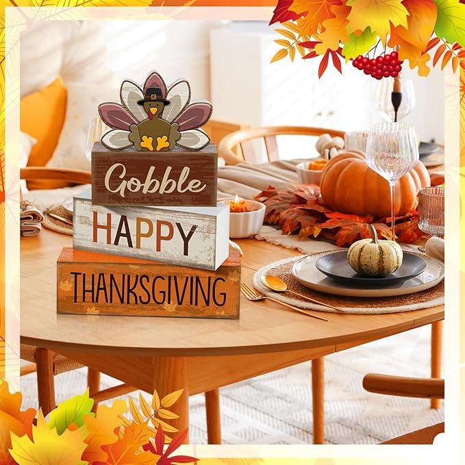 4 Pcs Thanksgiving Decorations for Home Wooden Turkey Thanksgiving Table Centerpiece Fall Tiered Tray Decor Rustic Wooden Turkey Block Sign for Autumn Harvest Party Table Kitchen Shelf