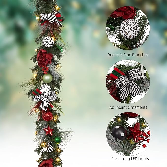 GarveeHome Prelit Christmas Garland for Mantle, 6 ft Battery Operated Xmas Garland with 20 LED Lights Timer Red Green Balls for Fireplace Stair Railing TV Stand Indoor Outdoor Holiday Decor