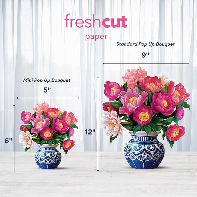 Freshcut Paper Pop Up Cards, Mini Peony Paradise (Set of 2), 6 Inch Mini Sized Forever Flower Bouquet 3D Popup Greeting Cards, Birthday Cards, Thank You Card, Teacher Gifts, Blank Notecard & Envelope