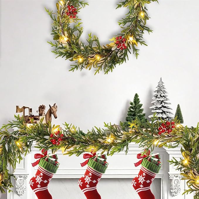 Pre-lit Christmas Garland with Lights, Battery Operated Garland with Star Berry Faux Spruce for Outdoor Indoor Mantle Holiday Decorations 6FT 20LED