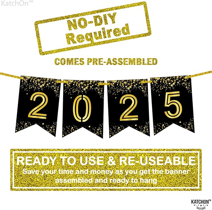 Katchon, Shiny Graduation 2025 Banner - Large 10 Feet, No DIY | Happy Graduation Banner 2025, Grad Decorations Class of 2025 | 2025 Sign, 2025 black gold banner | 2025 grad sign