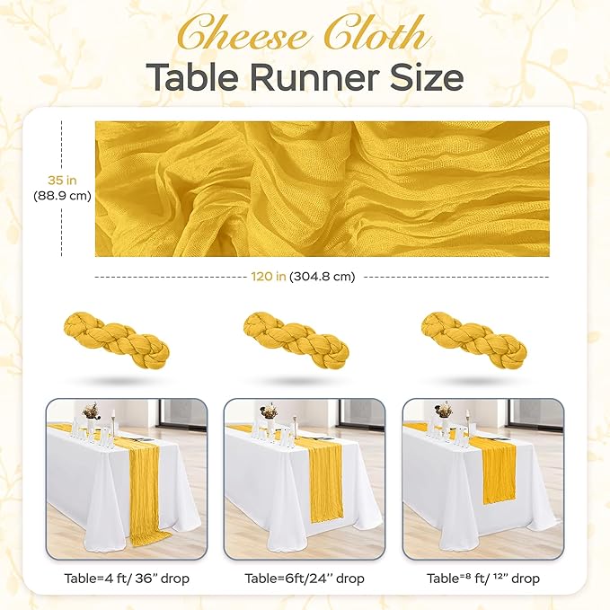 Cheesecloth Table Runner 6 Pack – 35x120 Inch (10ft) Boho Rustic Gauze Cloth Runners – Crinkle Polyester Table Decor for Wedding, Baby Shower, Bridal Shower, Birthday Party and More (Gold Yellow)