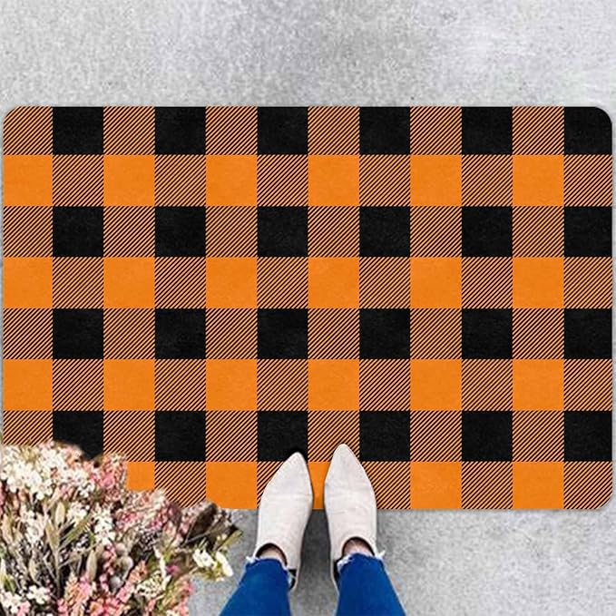 InterestPrint Fall Welcome Buffalo Plaid Door Mat Front Door Outdoor Doormat Outside Entrance Porch Non Slip Rubber Rug Autumn Halloween Thanksgiving Farmhouse Decor