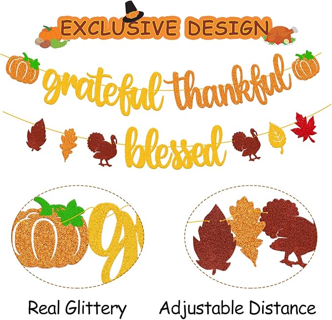 Grateful Thankful Blessed Banner Fall Autumn Leaves Turkey Thanksgiving Day Theme for Happy Thanksgiving Party Supplies Glitter Gold Decorations