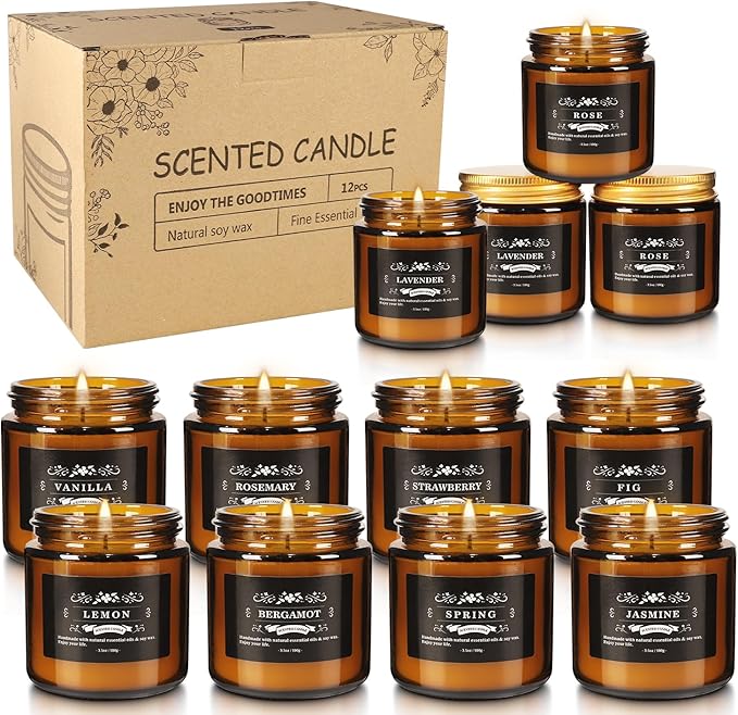 12 Pack Black Apothecary Jar Scented Candles - Natural Soy Wax with Premium Essential Oils, 3.5oz/100g Each, Relaxing Gift Set for Home Decor,Party,Christmas and Other Festivals