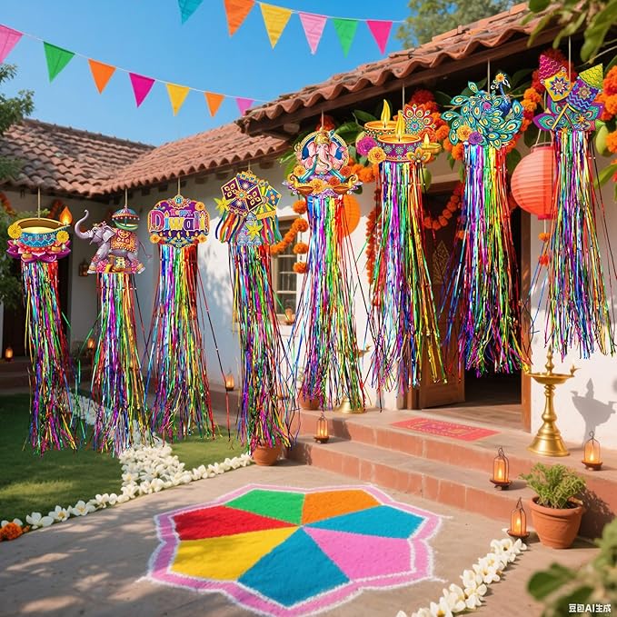 8 Pcs Diwali & Ganesh Chaturthi Outdoor Decorations with Tassels Diwali Yard Hanging Signs 3.3 ft Indian Festival Party Decorations with Ganesha Idol Peacock Lotus for Lawn Garden Decor