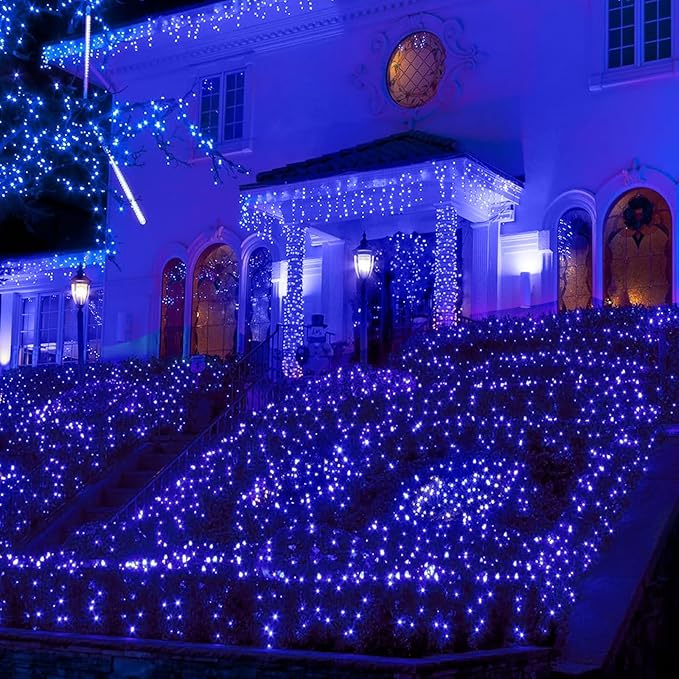 Blue Christmas Net Lights Outdoor 5ft x 6ft Connectable, 120Led 8 Modes Waterproof Black Wire 29V Plug in Mesh Net Christmas Lights for Garden, Yard, Bushes, Trunk, Xmas Tree Decor (Blue)