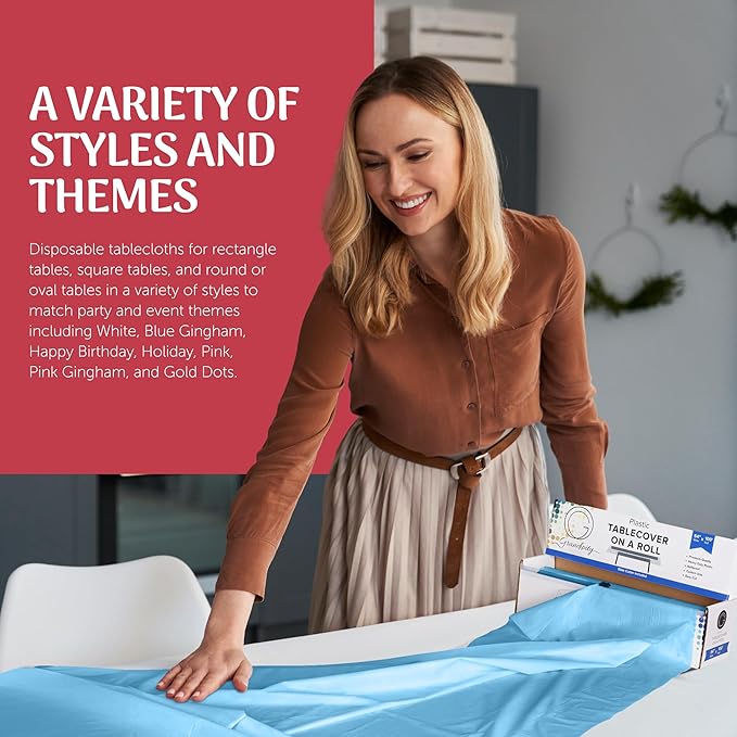 Grandipity Plastic Tablecloth Roll - 54in x 100 Ft. Sky Blue Plastic Table Cloths for Parties Disposable with Cutter Box - Cut to Size Disposable Tablecloth Table Cover for Rectangle & Round