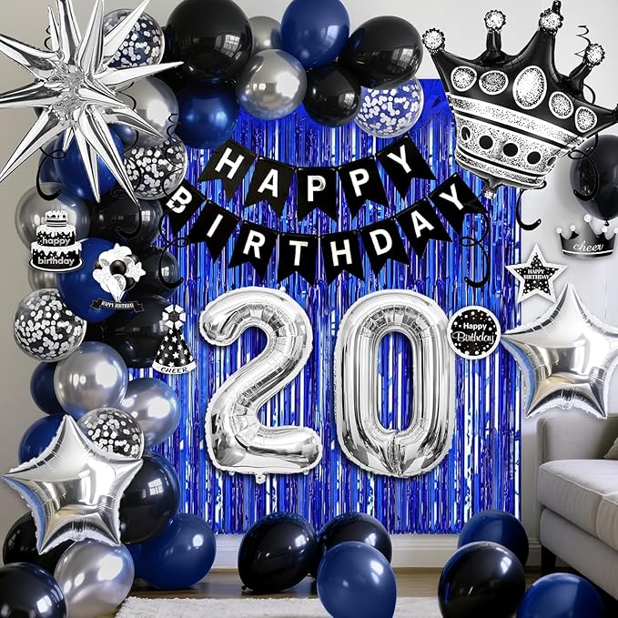 20th Birthday Decorations for Men and Women, Black Blue Silver Happy Birthday Number 20 Balloons, Banner, Fringe Curtains Garland Kit - 20 Year Old Party Supplies
