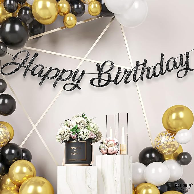 KatchOn, Glitter Black Happy Birthday Banner - Pre-Strung No DIY,10 Feet | Birthday Decorations for men, Women | Hbd Banner Backdrop For Black Party Decorations, Halloween Decorations
