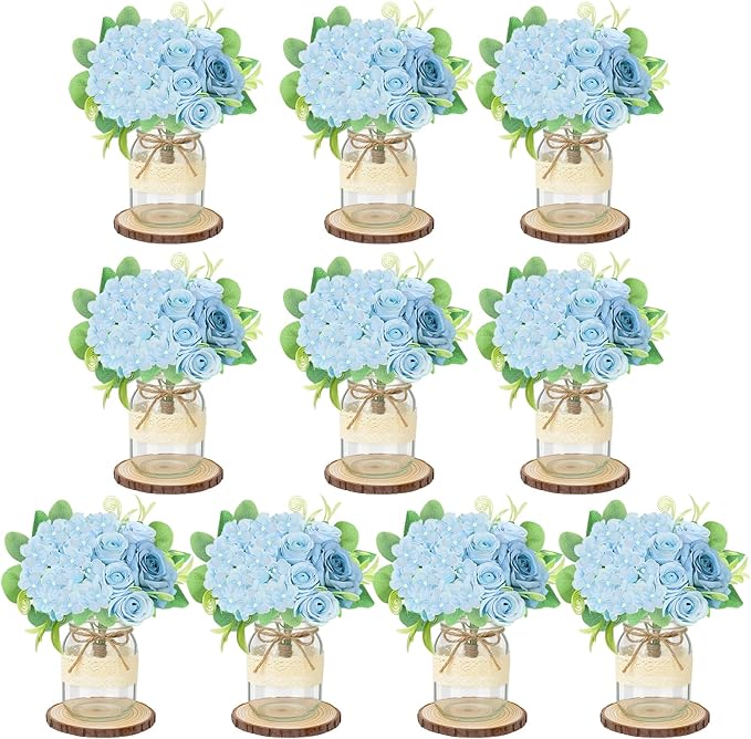 Set 10 Mason Jar Table Centerpiece - Wedding Centerpieces for Tables, Mason Jar Flower Centerpiece Vases Decor- Boho Farmhouse Rustic for Engagement, Bridal Shower, Wedding, Versatile Decor (Blue)