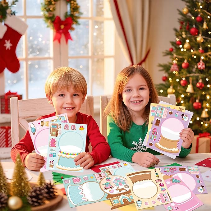 CY2SIDE Christmas Snow Globe House Stickers - 40PCS Pink Gingerbread House Make a Face Sticker Sheets for Kids School Reward, DIY Crystal Ball Sticker Game Xmas Winter Party Favor for Home Fun Project
