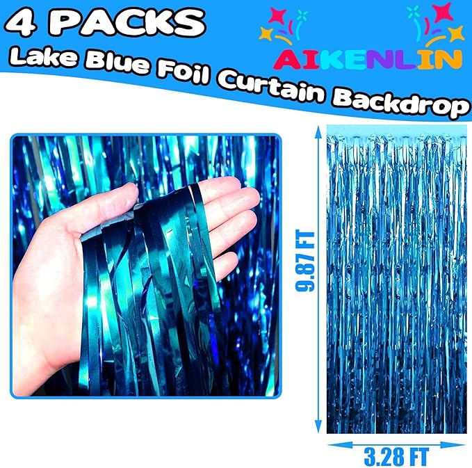 4 Pack Lake Blue Foil Fringe Curtain Backdrop, 3.2Ft x 9.8Ft Metallic Tinsel Foil Fringe Streamers Curtains for Party, Photo Booth Props, Birthday, Wedding, Christmas Party Decoration Supplies
