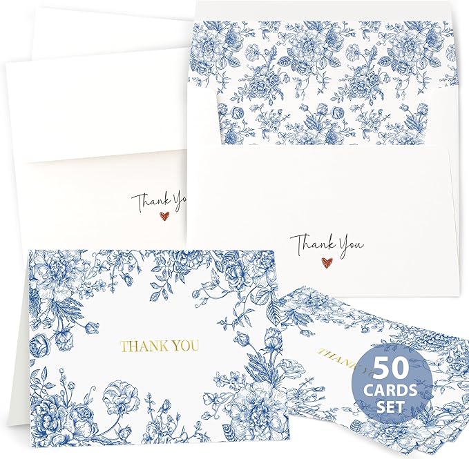 AUDREE 50 Gold Foil Thank You Cards with Envelopes (4x6) - Elegant Blue Floral Thank You Cards with Matching Adhesive Envelopes - Perfect for Wedding, Bridal Showers, Baby Showers, All Occasion